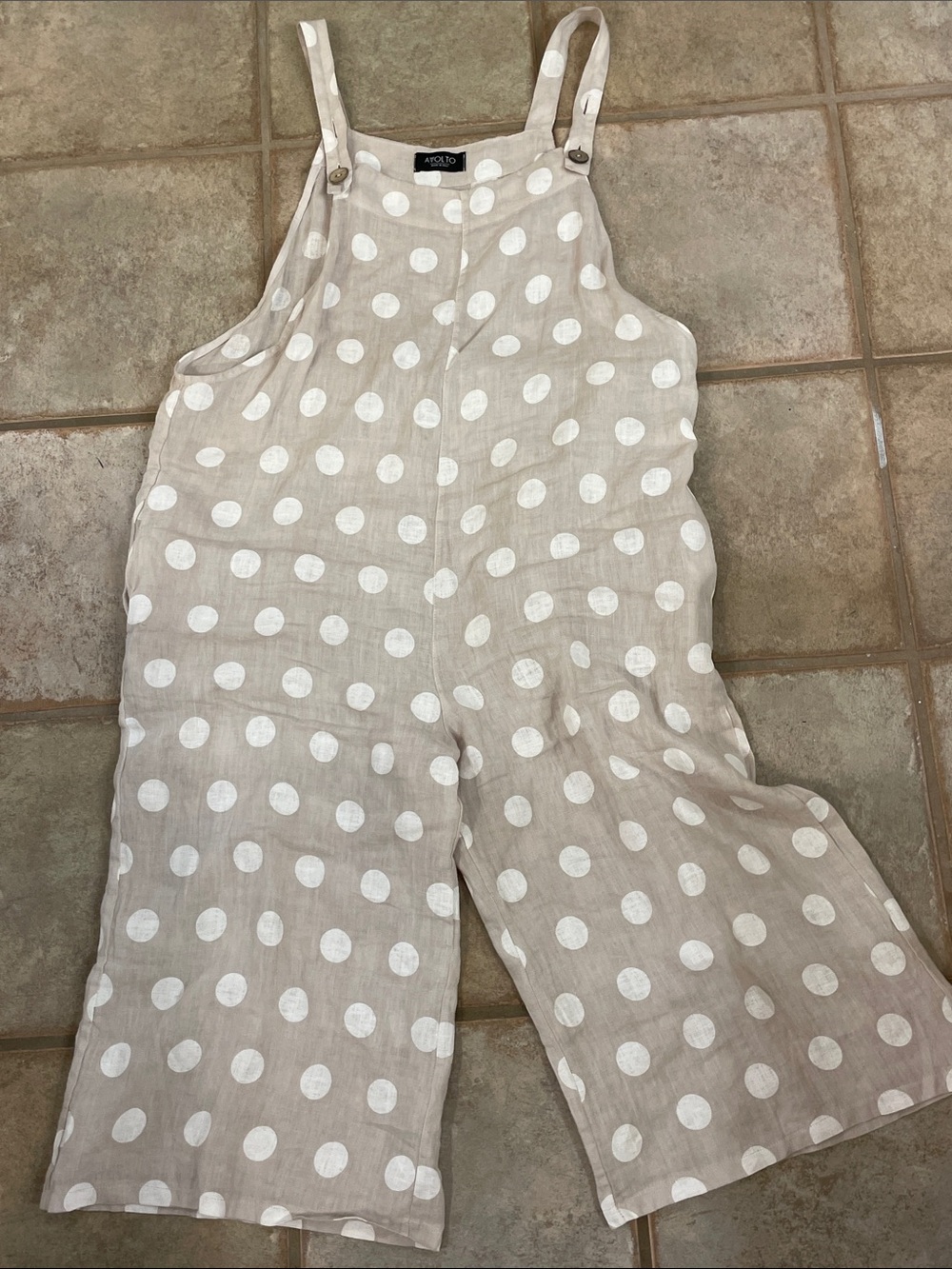 Avolto of Italy Beige and White Polka Dot Linen-Blend Wide-Leg Jumpsuit medium
